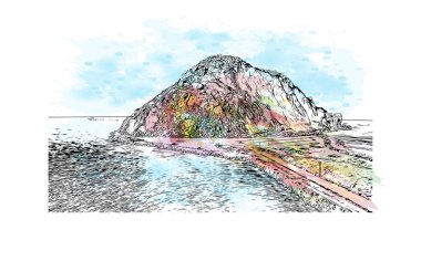 Print Building view with landmark of Morro Bay, Kaliforniya 'da bir sahil kentidir. Vektörde elle çizilmiş resim ile suluboya sıçraması.