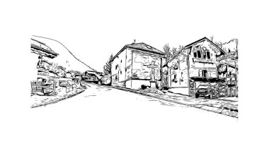 Print Building view with landmark of Morzine is the commune in France. Vektörde elle çizilmiş çizim çizimi.