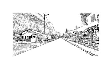 Print Building view with landmark of Morzine is the commune in France. Vektörde elle çizilmiş çizim çizimi.