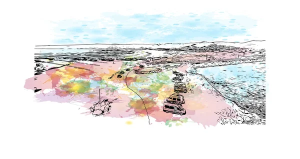 Print Building view with landmark of Morro Bay, Kaliforniya 'da bir sahil kentidir. Vektörde elle çizilmiş resim ile suluboya sıçraması.