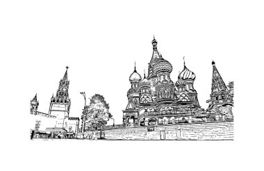 Print Building view with landmark of Moscow is capital of Russia. Vektörde elle çizilmiş çizim çizimi.