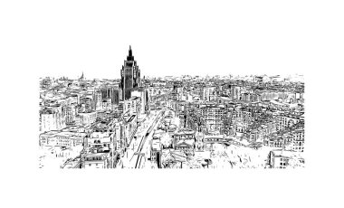 Print Building view with landmark of Moscow is capital of Russia. Vektörde elle çizilmiş çizim çizimi.