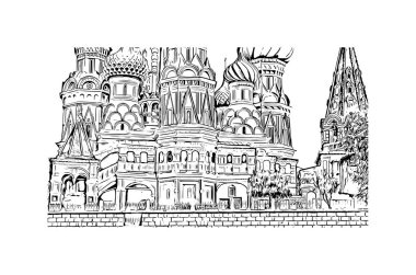 Print Building view with landmark of Moscow is capital of Russia. Vektörde elle çizilmiş çizim çizimi.