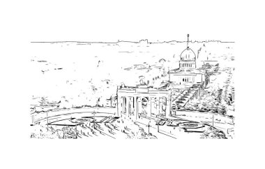 Print Building view with landmark of Moscow is capital of Russia. Vektörde elle çizilmiş çizim çizimi.