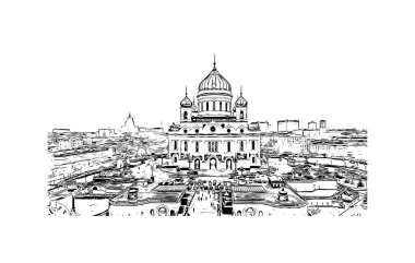 Print Building view with landmark of Moscow is capital of Russia. Vektörde elle çizilmiş çizim çizimi.