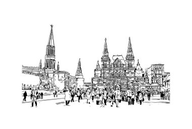Print Building view with landmark of Moscow is capital of Russia. Vektörde elle çizilmiş çizim çizimi.