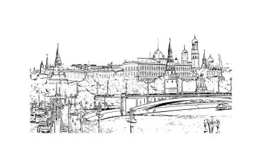 Print Building view with landmark of Moscow is capital of Russia. Vektörde elle çizilmiş çizim çizimi.