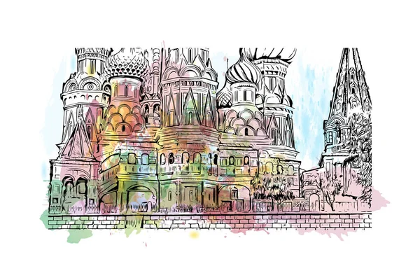 Imprimer Vue Bâtiment Avec Monument Moscou Est Capitale Russie Aquarelle — Image vectorielle