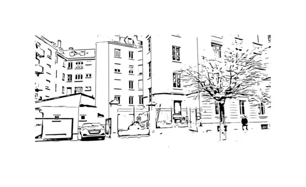 Print Building View Landmark Mulhouse City Eastern France Hand Drawn — Stock Vector