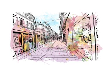 Parmak izi binası, Fransa 'nın doğusunda yer alan bir şehirdir. Vektörde elle çizilmiş resim ile suluboya sıçraması.