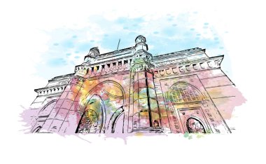 Bombay 'ın simgesi olan Print Building Manzarası Hindistan' da bir şehirdir. Vektörde elle çizilmiş resim ile suluboya sıçraması.