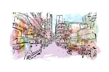 Bombay 'ın simgesi olan Print Building Manzarası Hindistan' da bir şehirdir. Vektörde elle çizilmiş resim ile suluboya sıçraması.