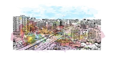 Bombay 'ın simgesi olan Print Building Manzarası Hindistan' da bir şehirdir. Vektörde elle çizilmiş resim ile suluboya sıçraması.