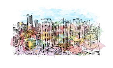 Bombay 'ın simgesi olan Print Building Manzarası Hindistan' da bir şehirdir. Vektörde elle çizilmiş resim ile suluboya sıçraması.