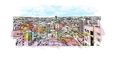 Bombay 'ın simgesi olan Print Building Manzarası Hindistan' da bir şehirdir. Vektörde elle çizilmiş resim ile suluboya sıçraması.