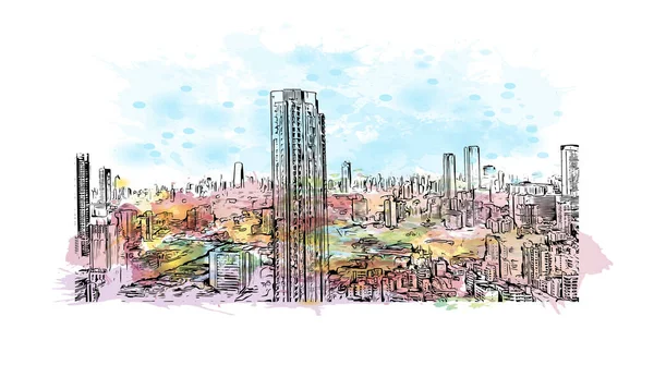 Imprimer Ville Mumbai Est Située Inde Aquarelle Éclaboussure Avec Dessin — Image vectorielle