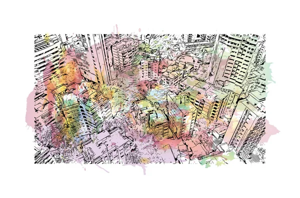 Print Вид Здание Достопримечательностью Мумбаи Город Индии Всплеск Акварели Рисунком — стоковый вектор