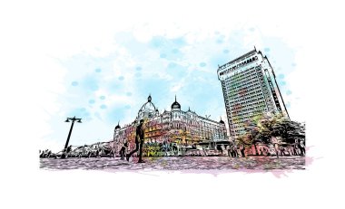 Bombay 'ın simgesi olan Print Building Manzarası Hindistan' da bir şehirdir. Vektörde elle çizilmiş resim ile suluboya sıçraması.
