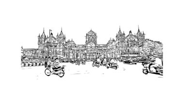 Bombay 'ın simgesi olan Print Building Manzarası Hindistan' da bir şehirdir. Vektörde elle çizilmiş çizim çizimi.