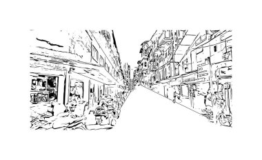 Bombay 'ın simgesi olan Print Building Manzarası Hindistan' da bir şehirdir. Vektörde elle çizilmiş çizim çizimi.