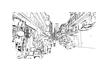 Bombay 'ın simgesi olan Print Building Manzarası Hindistan' da bir şehirdir. Vektörde elle çizilmiş çizim çizimi.