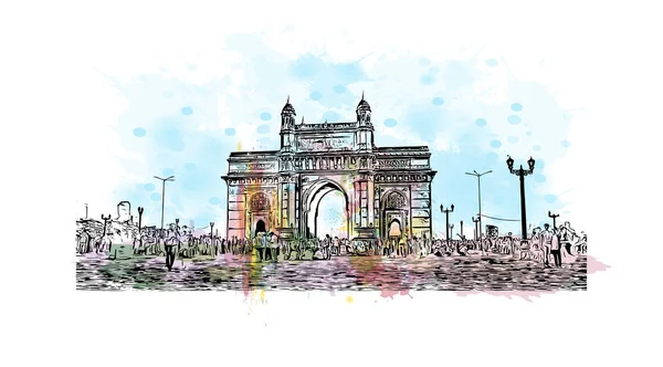 Imprimer Ville Mumbai Est Située Inde Aquarelle Éclaboussure Avec Dessin — Image vectorielle
