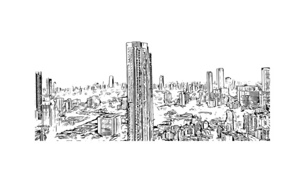 具有孟买地标的印刷建筑景观是印度的城市 矢量手绘草图 — 图库矢量图片