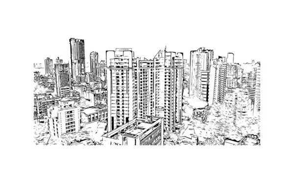 Print Building Vista Com Marco Mumbai Cidade Índia Desenho Desenhado — Vetor de Stock