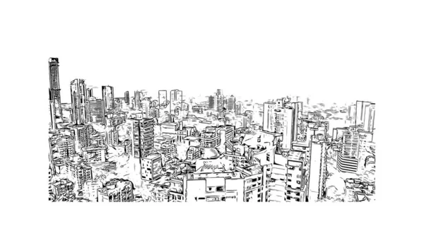 Drukuj Widok Budynku Zabytkiem Mumbaju Jest Miasto Indiach Ręcznie Rysowany — Wektor stockowy