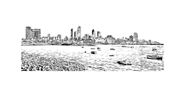 Stampa Vista Edificio Con Punto Riferimento Mumbai Città India Illustrazione — Vettoriale Stock
