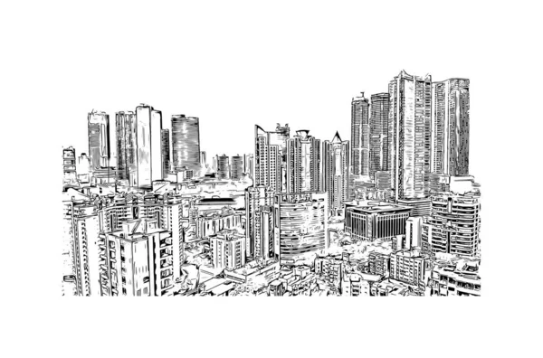 Stampa Vista Edificio Con Punto Riferimento Mumbai Città India Illustrazione — Vettoriale Stock