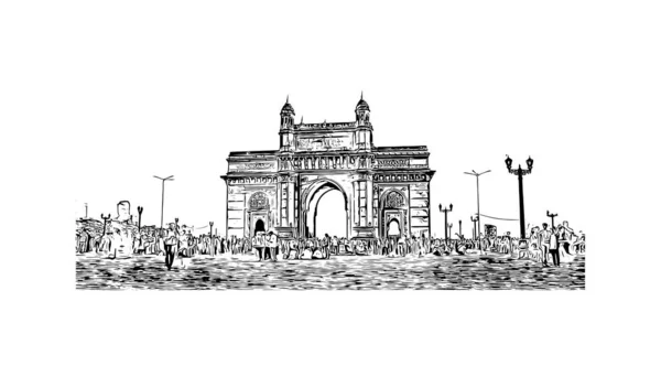 Imprimir Vista Del Edificio Con Hito Mumbai Ciudad India Dibujo — Vector de stock