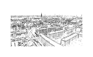 Print Building view with landmark of Münih is the city in Germany. Vektörde elle çizilmiş çizim çizimi.