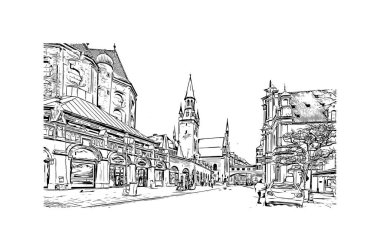 Print Building view with landmark of Münih is the city in Germany. Vektörde elle çizilmiş çizim çizimi.