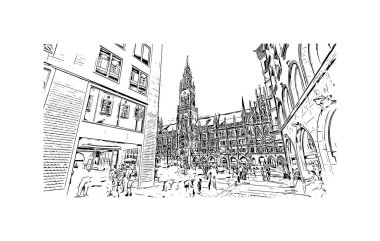 Print Building view with landmark of Münih is the city in Germany. Vektörde elle çizilmiş çizim çizimi.