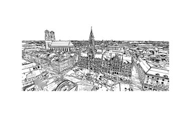 Print Building view with landmark of Münih is the city in Germany. Vektörde elle çizilmiş çizim çizimi.