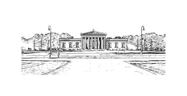 Print Building view with landmark of Münih is the city in Germany. Vektörde elle çizilmiş çizim çizimi.