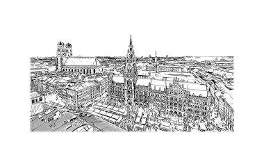 Print Building view with landmark of Münih is the city in Germany. Vektörde elle çizilmiş çizim çizimi.