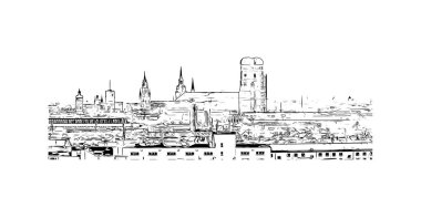 Print Building view with landmark of Münih is the city in Germany. Vektörde elle çizilmiş çizim çizimi.