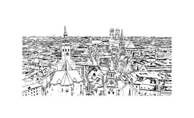 Print Building view with landmark of Münih is the city in Germany. Vektörde elle çizilmiş çizim çizimi.