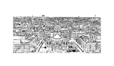 Print Building view with landmark of Münih is the city in Germany. Vektörde elle çizilmiş çizim çizimi.