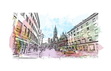 Print Building view with landmark of Münih is the city in Germany. Vektörde elle çizilmiş resim ile suluboya sıçraması.