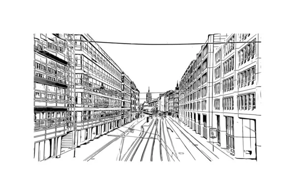 Print Building Vista Com Marco Munique Cidade Alemanha Desenho Desenhado — Vetor de Stock