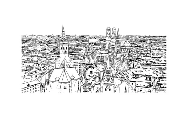 Print Building view with landmark of Münih is the city in Germany. Vektörde elle çizilmiş çizim çizimi.