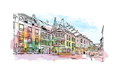 Print Building view with landmark of Münih is the city in Germany. Vektörde elle çizilmiş resim ile suluboya sıçraması.