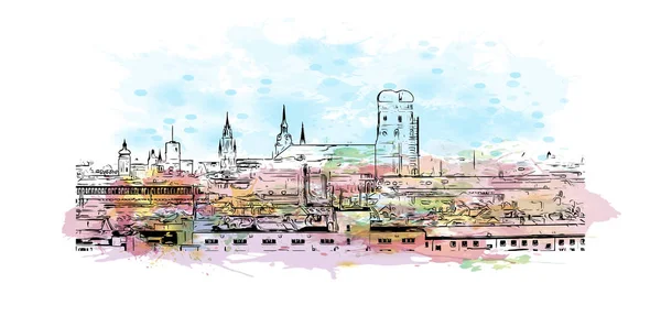 Das Wahrzeichen Münchens Ist Die Stadt Deutschland Aquarell Spritzer Mit — Stockvektor