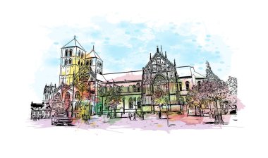 Print Building view of Munster, Almanya 'nın batısında yer alan bir şehirdir. Vektörde elle çizilmiş resim ile suluboya sıçraması.