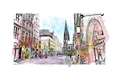 Print Building view of Munster, Almanya 'nın batısında yer alan bir şehirdir. Vektörde elle çizilmiş resim ile suluboya sıçraması.