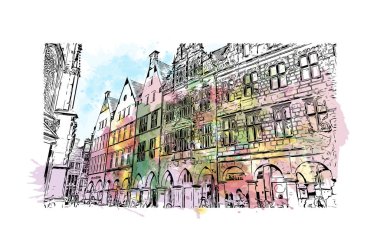 Print Building view of Munster, Almanya 'nın batısında yer alan bir şehirdir. Vektörde elle çizilmiş resim ile suluboya sıçraması.