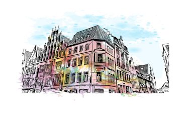 Print Building view of Munster, Almanya 'nın batısında yer alan bir şehirdir. Vektörde elle çizilmiş resim ile suluboya sıçraması.